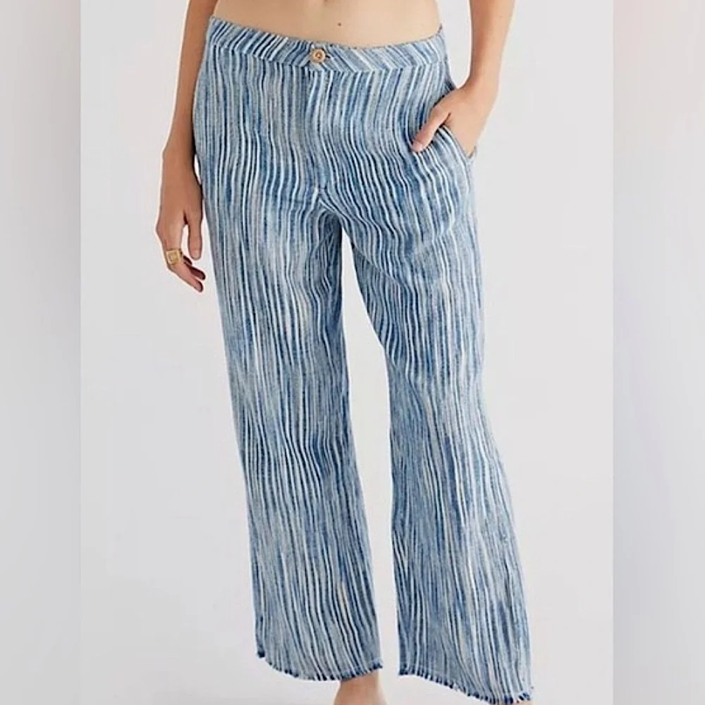NWT Free People | Women’s blue/cream striped Marta Yarn Dye Fringe Hem Pant sz 2